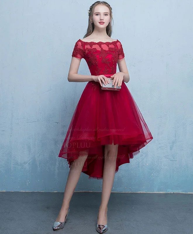 Burgundy Tulle Lace Short Prom Dress, Burgundy Homecoming Dress