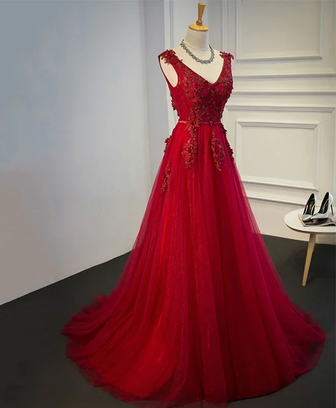 burgundy-v-neck-tulle-short-long-dress-evening-dress