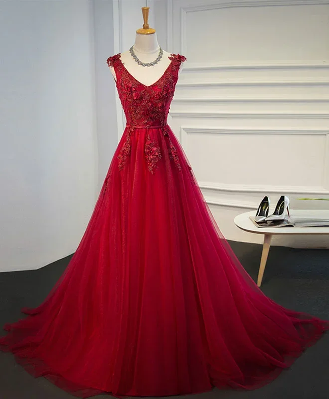 burgundy-v-neck-tulle-short-long-dress-evening-dress