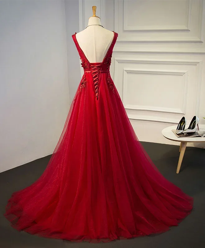 burgundy-v-neck-tulle-short-long-dress-evening-dress