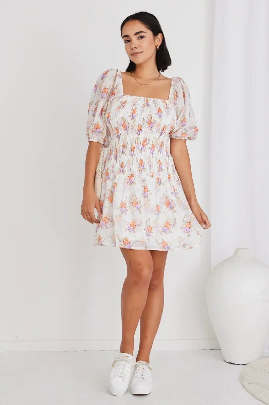 Sol White Bright Floral Puff Sleeve Mini Dress