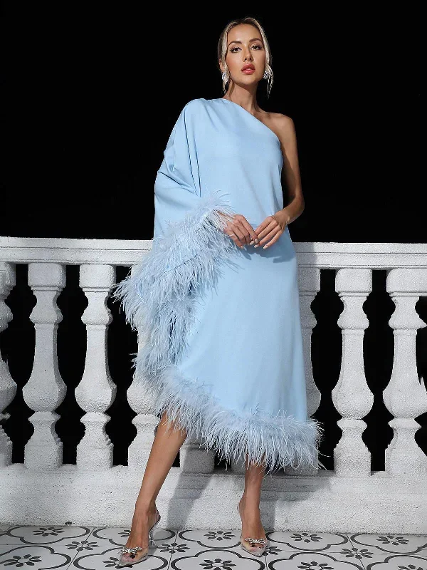 Ceridwen One Shoulder Feather Trimmed Midi Dress In Blue