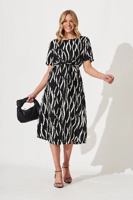 Chambery Midi Dress In Black With White Print