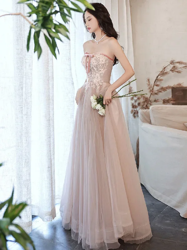 Champagne Tulle Lace Long Prom Dress, Champagne Evening Dress