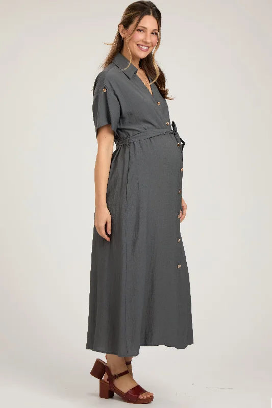 charcoal-button-front-belted-short-sleeve-maternity-midi-dress