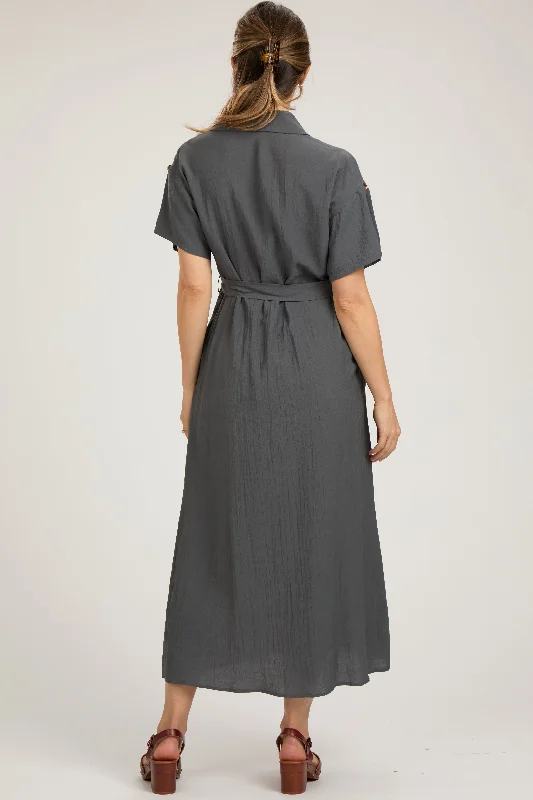 charcoal-button-front-belted-short-sleeve-maternity-midi-dress