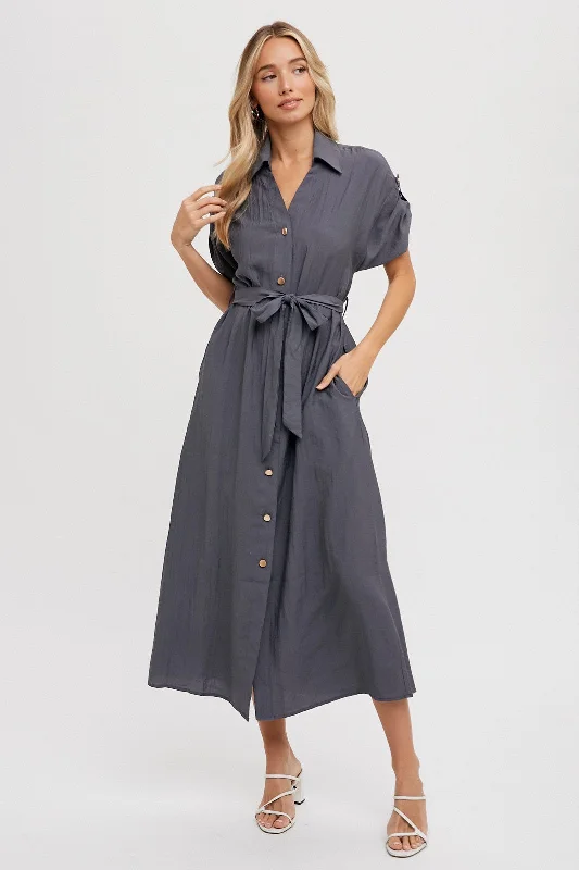 charcoal-button-front-belted-short-sleeve-maternity-midi-dress