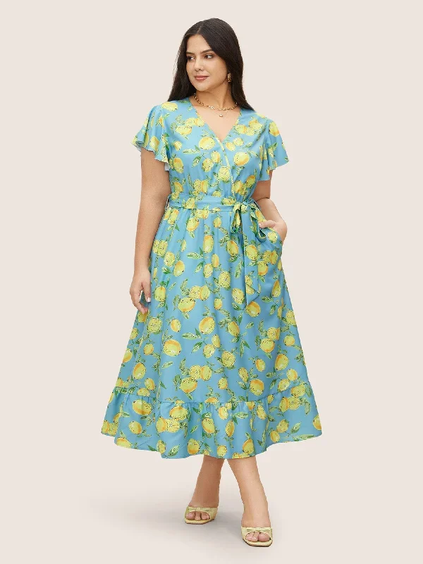 Citrus Lemon Print Ruffle Cap Sleeve Belted Dress