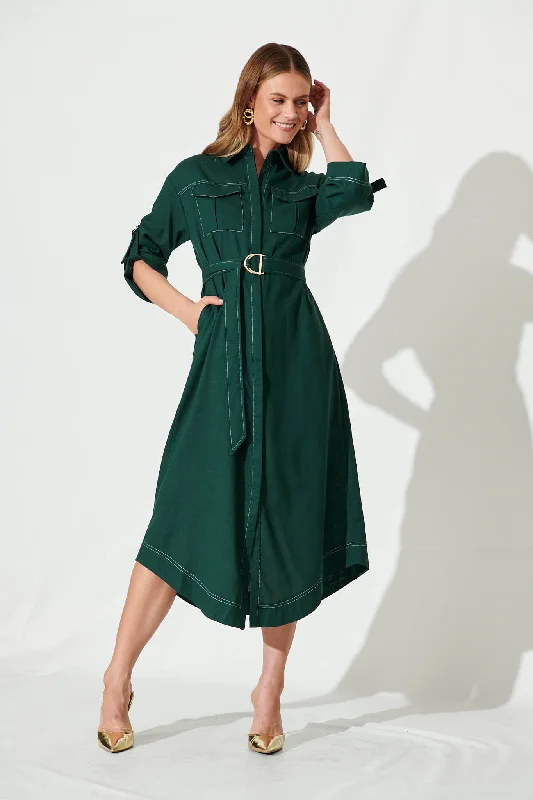 Copeland Midi Shirt Dress In Emerald Linen Blend