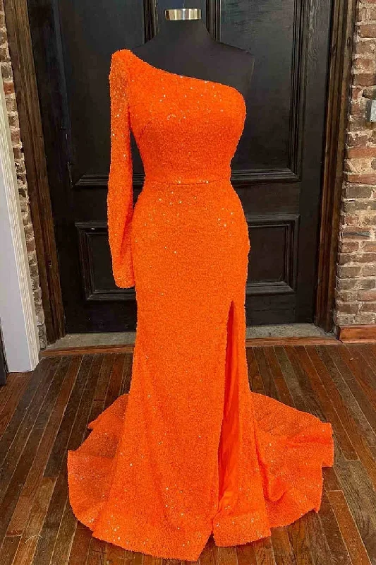 Orange Long Sleeve Sequined Prom Dress with Slit