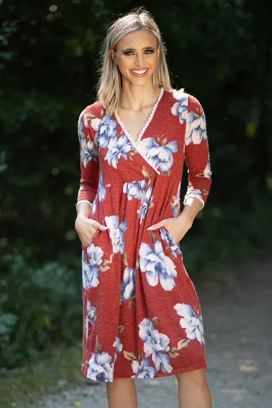 Cranberry and Blue Floral Surplice Front Dress