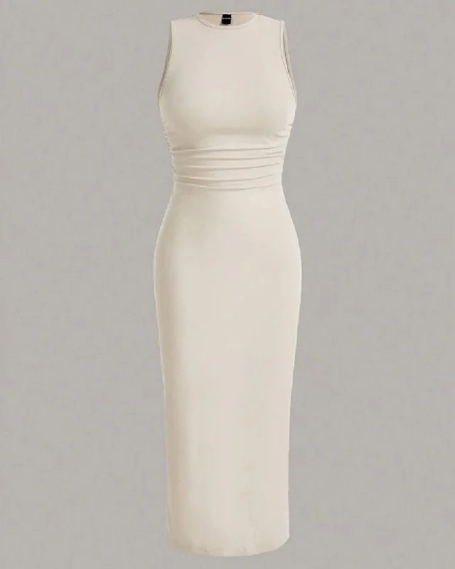 Crew Neck Sleeveless Tank Dress In Off White