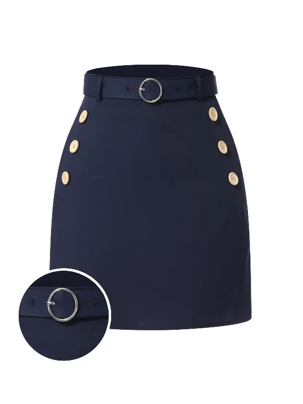 [Pre-Sale] Dark Blue 1960s Solid Belt Button Skirt