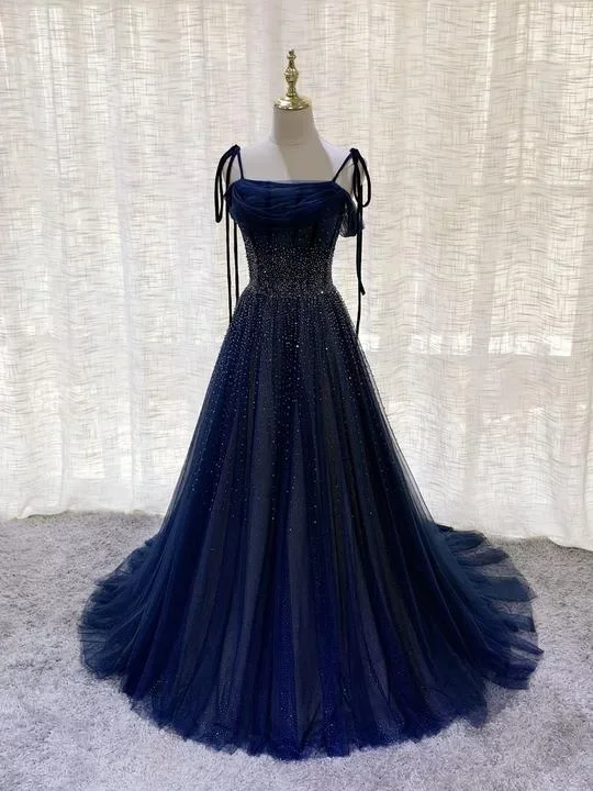 Dark blue tulle sequin long prom dress, dark blue evening dress