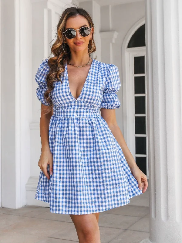 decorative-button-plaid-short-sleeve-dress