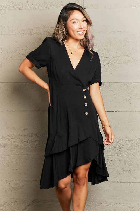 decorative-button-surplice-ruffle-hem-dress