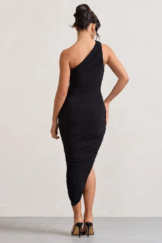 dorit-black-one-shoulder-asymmetric-ruched-midi-dress-cl129293002