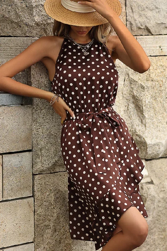 Dots Print Knot Waist Ruffle Mini Dress