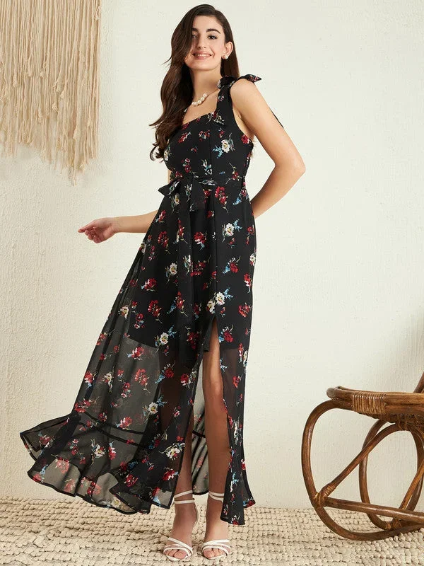 Berrylush Women Black Floral Print Square Neck Tie-Up A-Line Maxi Dress