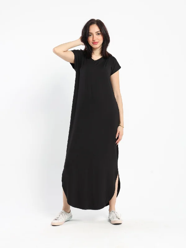 Dress - Wide V-neck - Round Hem Dress