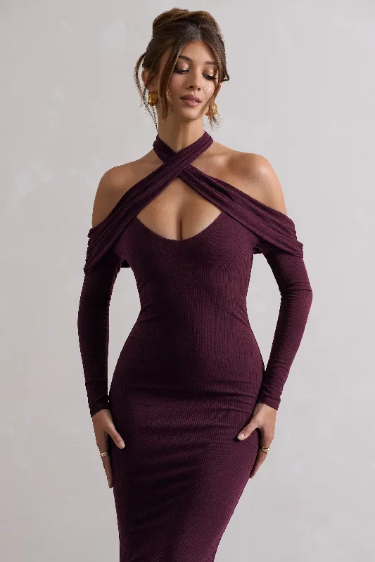 duet-plum-rib-knit-halter-neck-midi-dress-with-cut-out-cl131043101