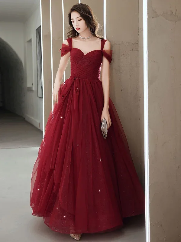 Elegant Sweetheart Neck Burgundy Long Prom Dress, A line Backless Evening Dresses