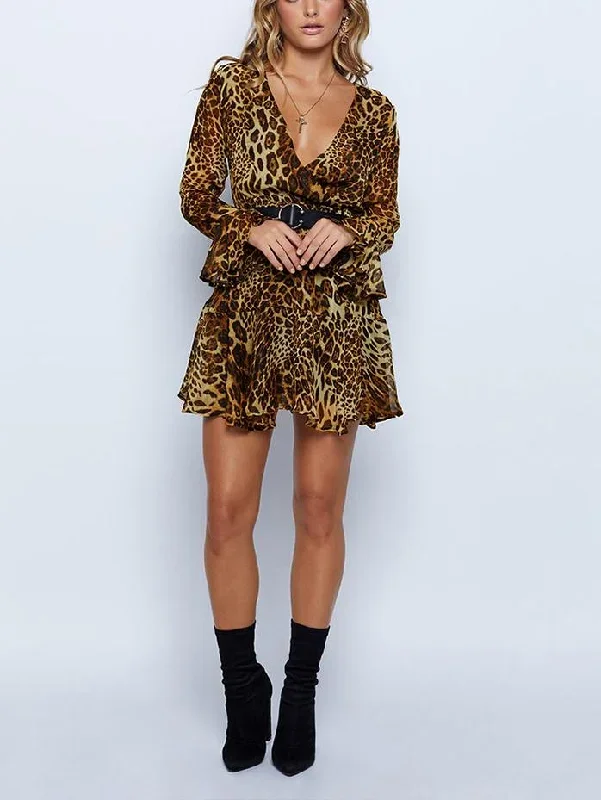 JuliaFashion-Emily Leopard Print Plunging Neck Mini Dress