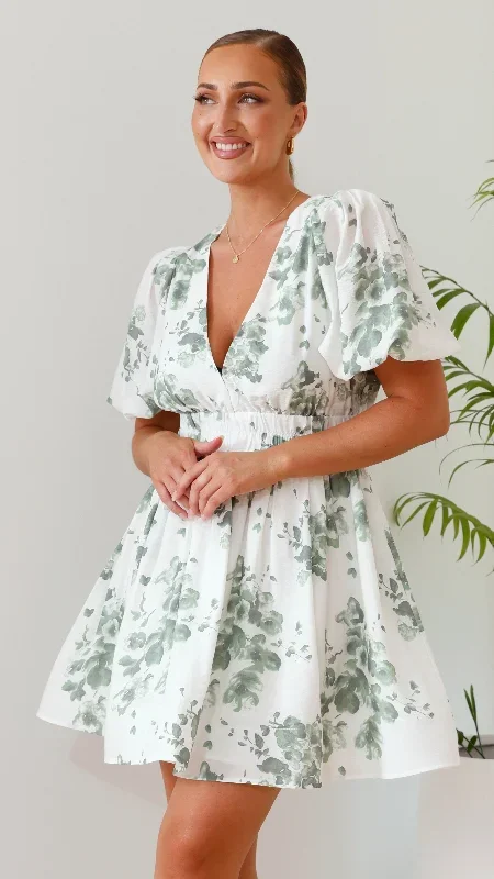 Erin Mini Dress - Green/White Floral