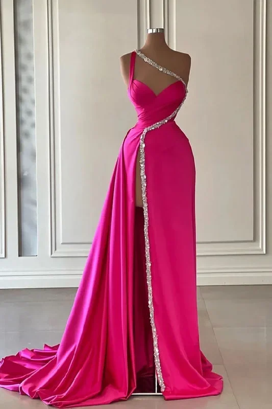 Evening Dress Fuchsia Long One Shoulder With Slit Pleated Beadings