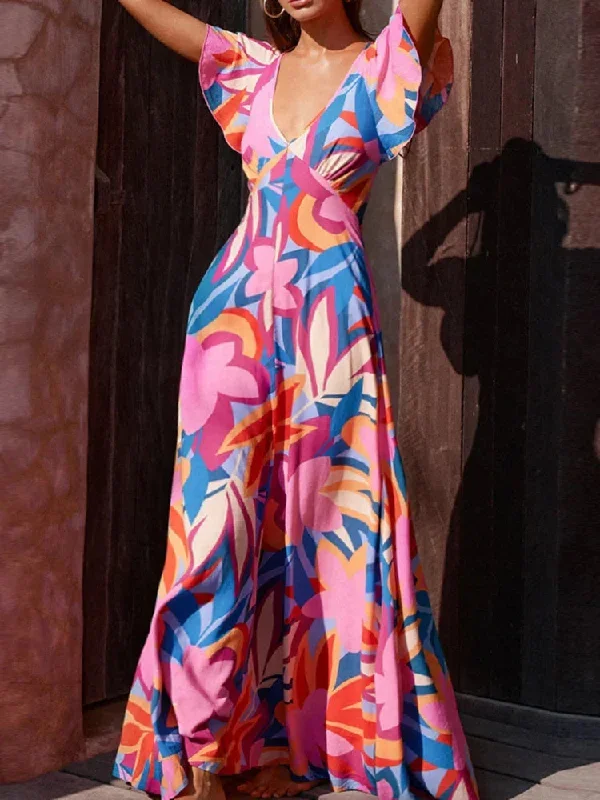 Long Summer Printed V-neck Ruffle-leaf Sleeve Holiday Backless Maxi Dress