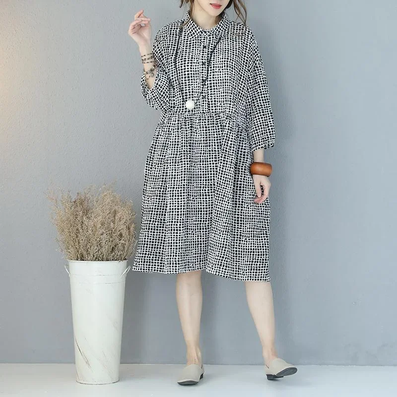 Fine black Plaid wrinkled cotton dress plus size turn-down collar long sleeve gown vintage baggy dresses