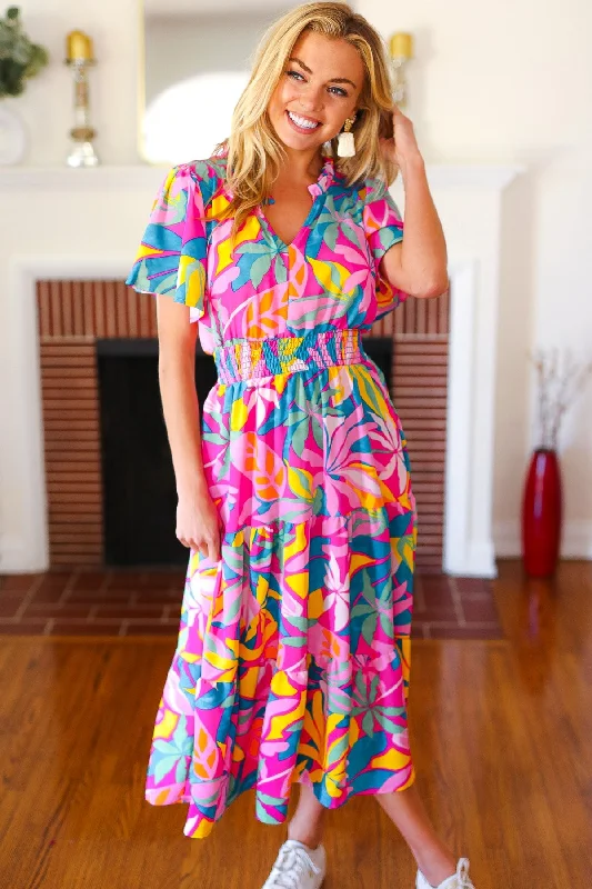 fuchsia-tropical-floral-smocked-waist-maxi-dress