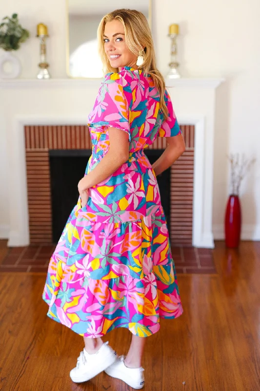 fuchsia-tropical-floral-smocked-waist-maxi-dress