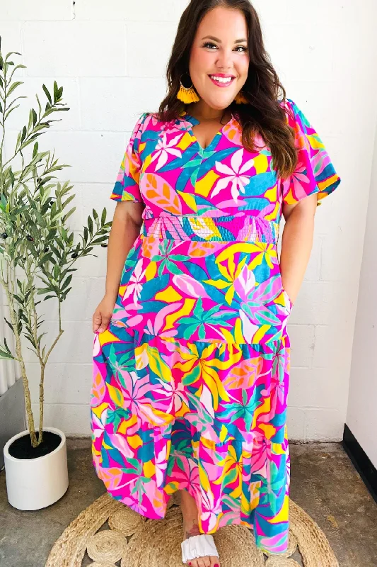 fuchsia-tropical-floral-smocked-waist-maxi-dress