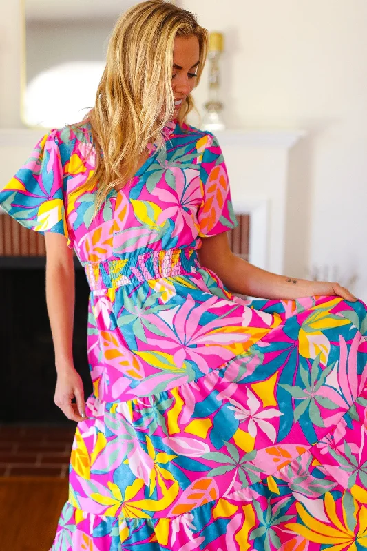 fuchsia-tropical-floral-smocked-waist-maxi-dress