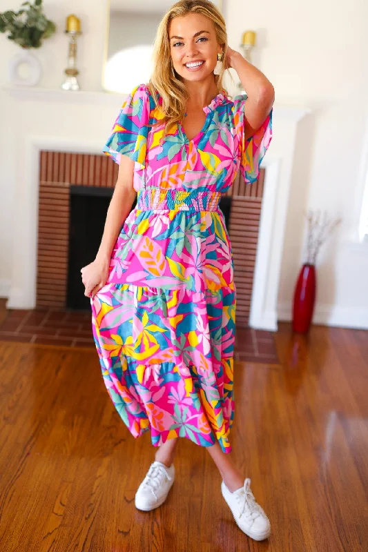 fuchsia-tropical-floral-smocked-waist-maxi-dress