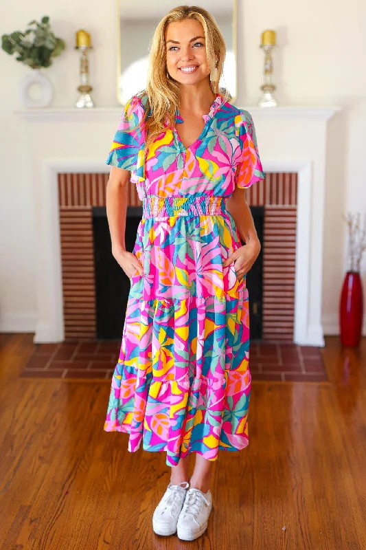 fuchsia-tropical-floral-smocked-waist-maxi-dress