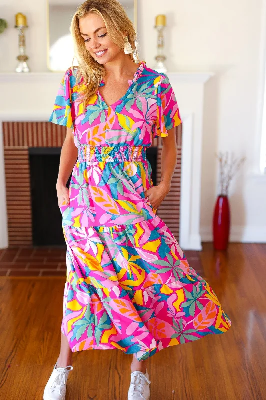 fuchsia-tropical-floral-smocked-waist-maxi-dress