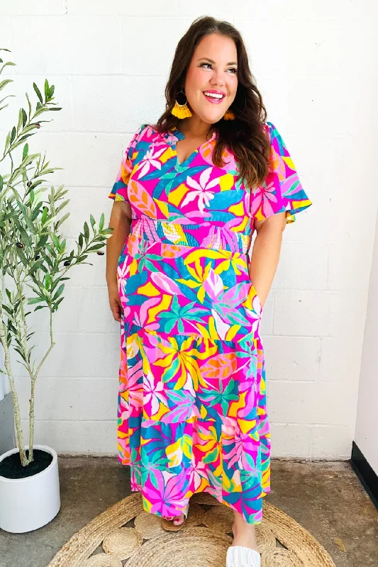 fuchsia-tropical-floral-smocked-waist-maxi-dress