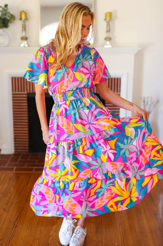 fuchsia-tropical-floral-smocked-waist-maxi-dress