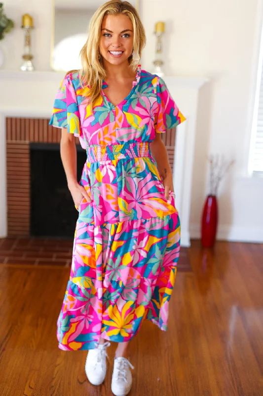 fuchsia-tropical-floral-smocked-waist-maxi-dress