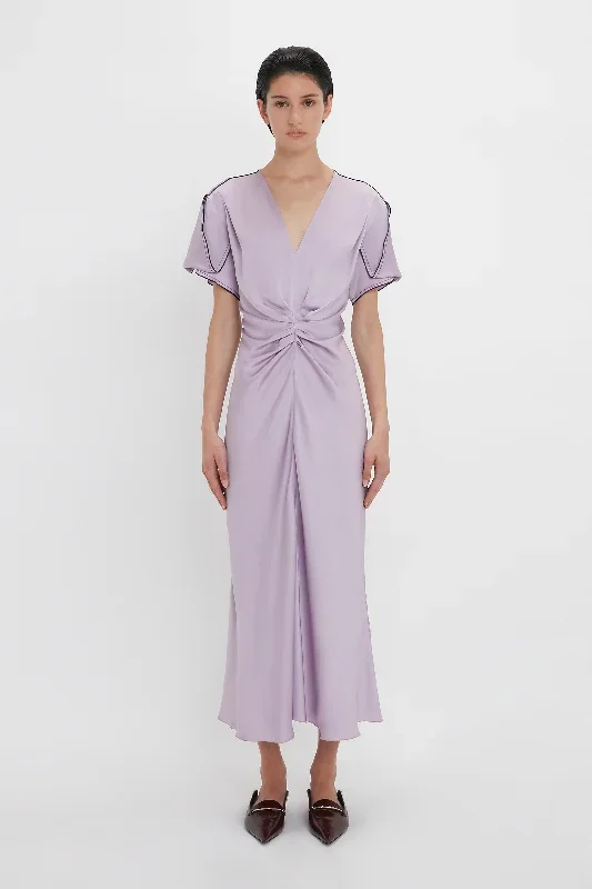 Gathered V-Neck Midi Dress In Petunia