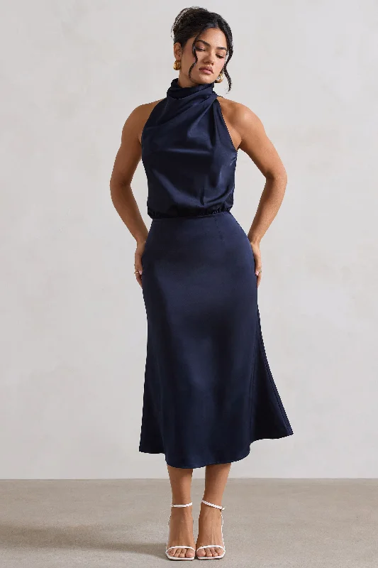 Geena | Navy Satin Twisted High-Neck Midi Dress