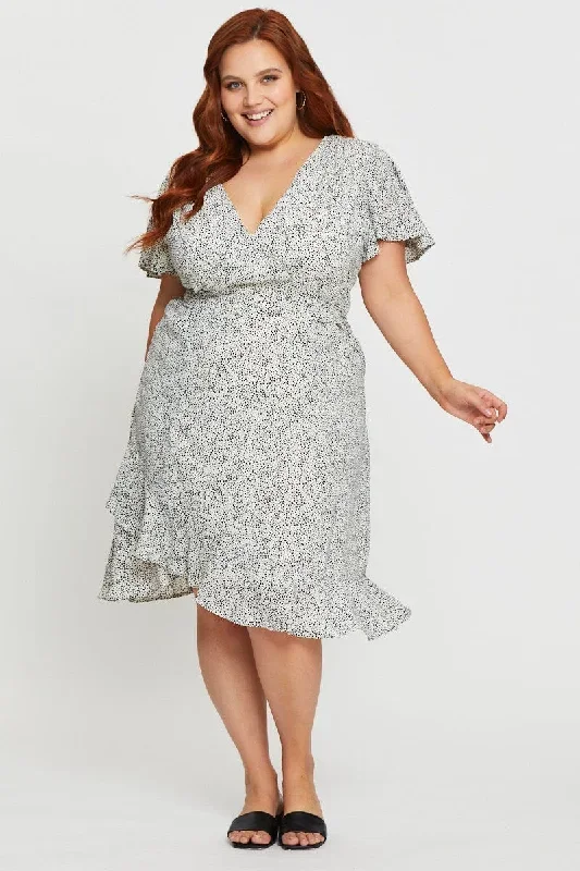 Geo Print Midi Dress V-Neck Short Sleeve