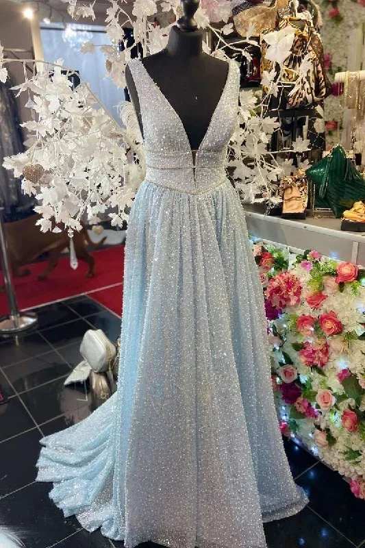 Glitter A-Line Light Blue Beaded V-Neck Backless Long Prom Dress