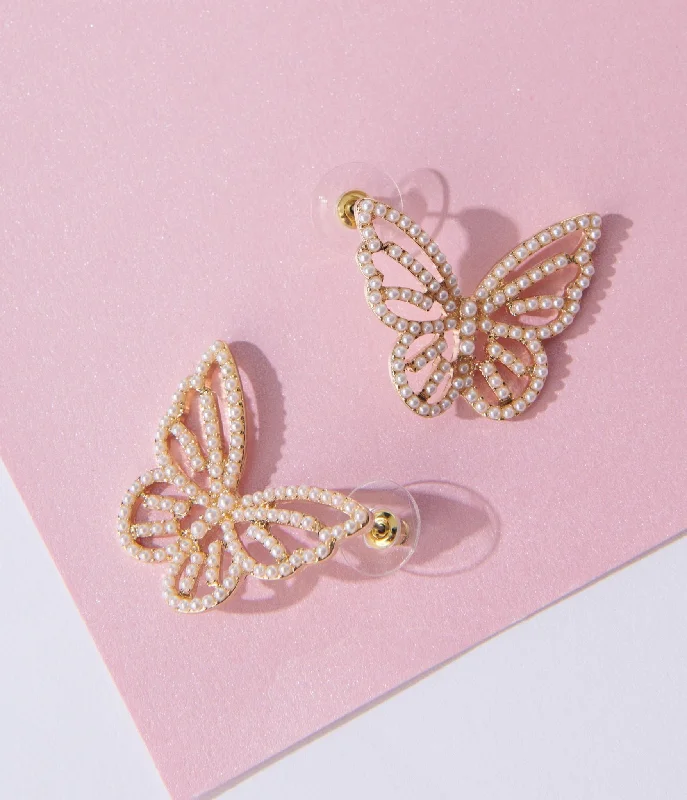 Gold & Faux Pearl Butterfly Cutout Earrings