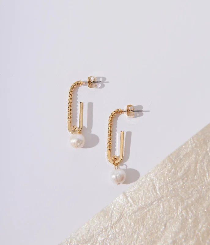 Gold Oval Pearl Drop Earrings