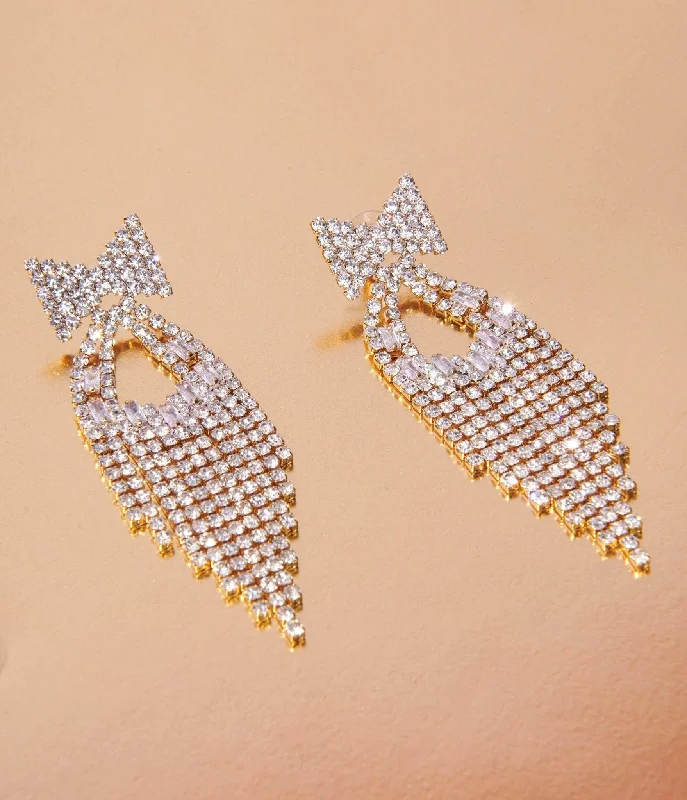 Gold & Rhinestone Bow Dangle Earrings