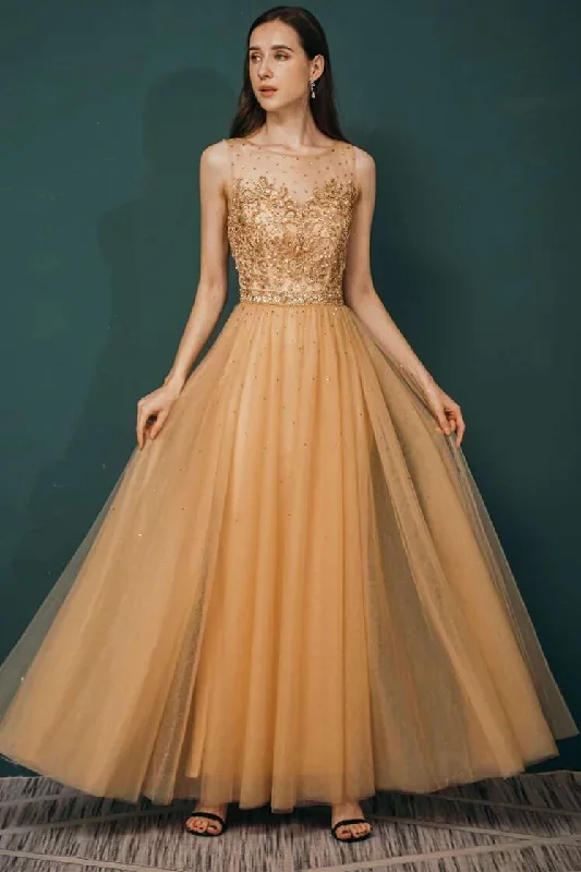 Gold Sleeveless Appliques Prom Gown