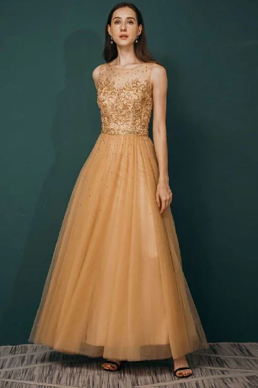 golden-sleeveless-appliques-prom-gown